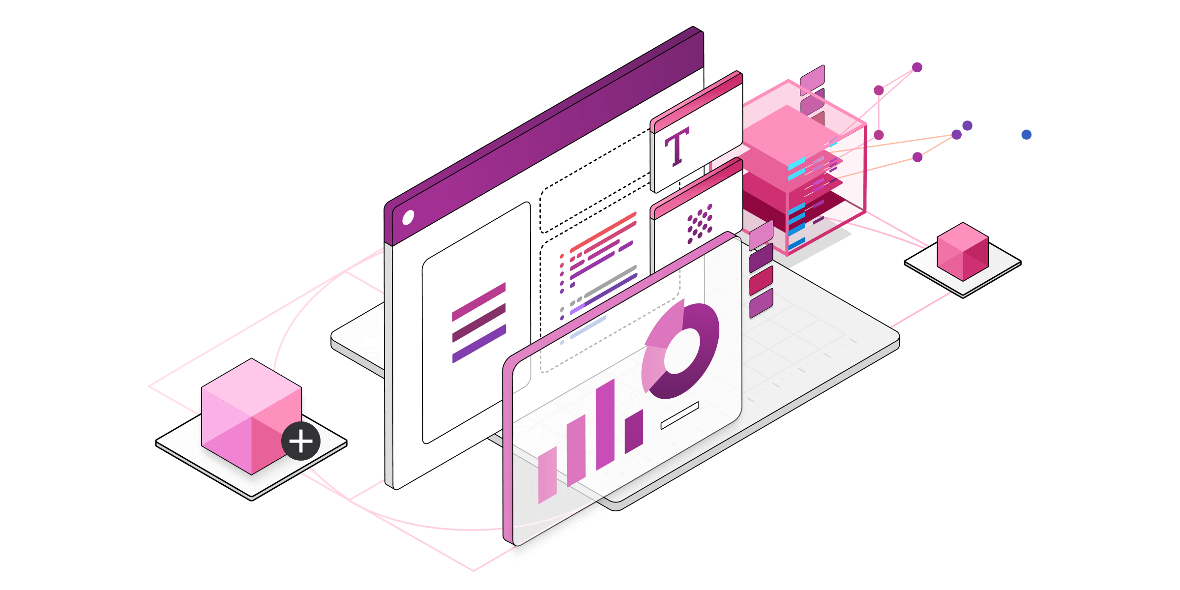 A Power Apps-szolgáltatások műszaki összetevőinek izometrikus illusztrációja.